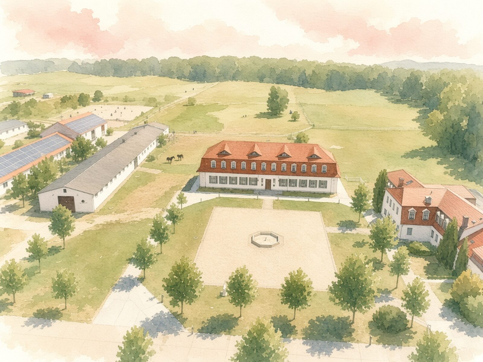 Aquarell vom Gut Sarnow mit Festsaal, Reitplatz und Herrenhaus